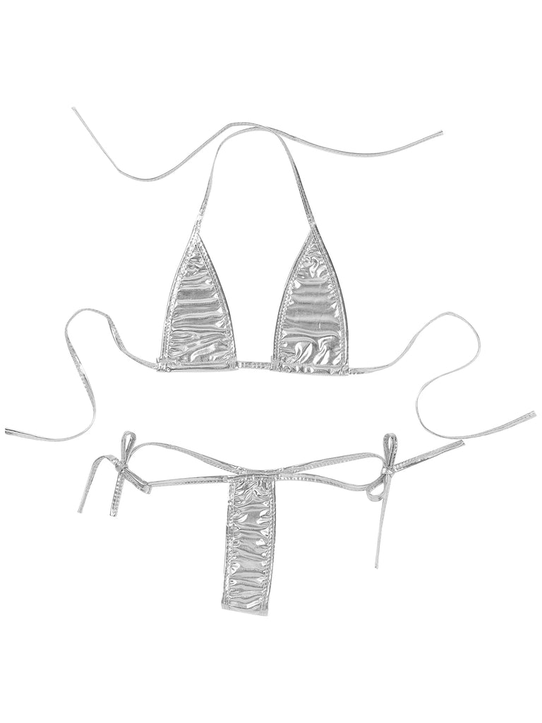 Women’s Metallic Shiny Bikini Set – Lacing Brazilian Micro Swimsuit with Triangle Top & G‑String Bottoms