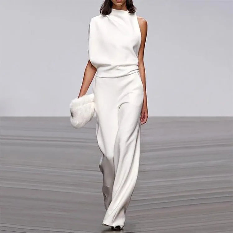 Solid Color Irregular Sleeveless Jumpsuits Women Fashion Temperament Sexy Backless Folds Slightly Flared Jumpsuit Female 2025