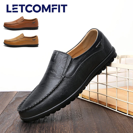 LETCOMFIT Men's Casual Loafers Solid Slip-On Leather Business Oxfords Comfort Low Top Middle Aged Men's Footwear All Season Wear