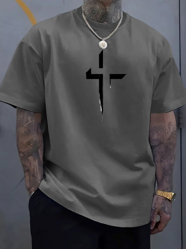 Men’s 100% Cotton Cross‑Print T‑Shirt – Loose Plus‑Size Summer Sports Tee | Comfortable Round‑Neck Casual Top