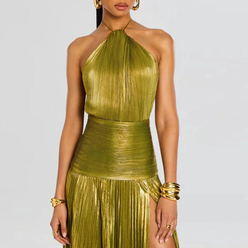 Gold Sexy Halter High Split Gowns Evening Dress Woman Chic Solid Hollow Pleated Long Dress Spring Summer Backless Zip Maxi Dress