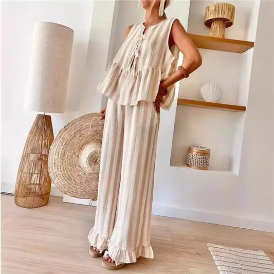 Stripe Lace Up Shirts Set Women Casual O-neck Sleeveless Hollow Out Blouse Vest Wide Leg Trousers 2-piece Sets Lady Beach Outfit