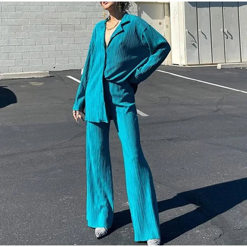 CM.YAYA Street Women's Set Long Sleeve Shirt Tops and Wide Leg Pants Elegant Tracksuit Two Piece Set Sweatsuit Fitness Outfits