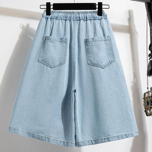 Women Summer Casual Short Jeans New Arrival 2024 Korean Style Solid Color Basics Loose Female Knee Length Denim Pants B3677