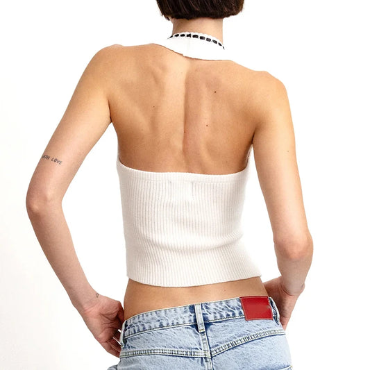 Sweet Tank Tops Women White Knit Deep V Neck Sexy 2025 Summer Ladies Soft Slim Crop Tops Female Off Shoulder Vintage Solid Vest