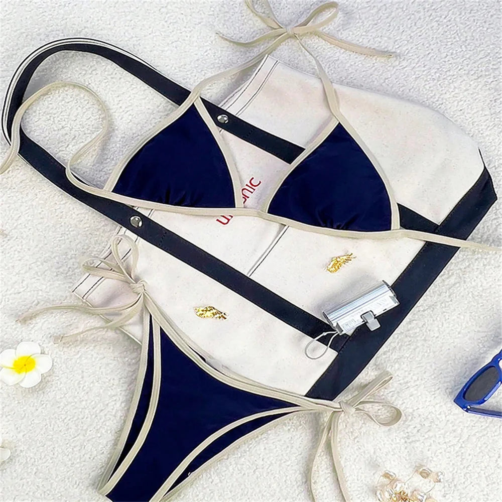 Women’s Vintage Blue Triangle Bikini – Border String Push‑Up Backless Extreme Swimsuit Beach Set