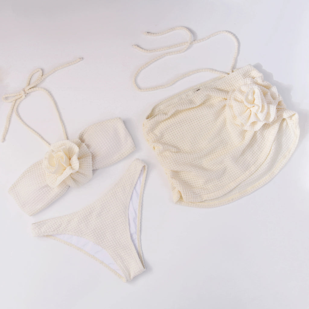 Women’s 2025 Floral 3‑Piece Bikini Set – Solid Bandage Swimsuit with Matching Cover‑Up