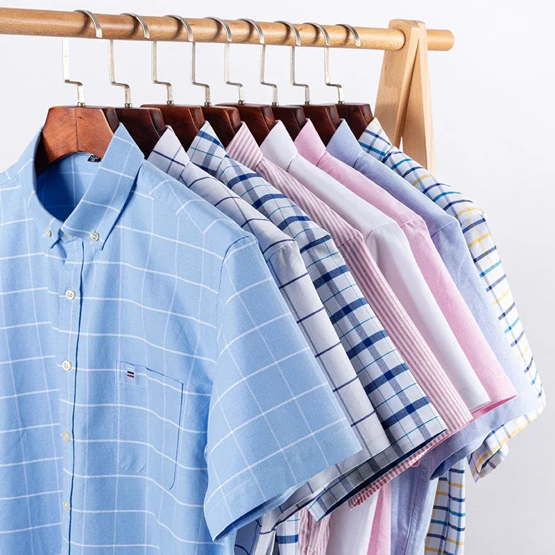 Men’s 100% Cotton Oxford Short‑Sleeve Shirt – Breathable Summer Plaid/Striped Business Casual (Regular/Oversized Fit)