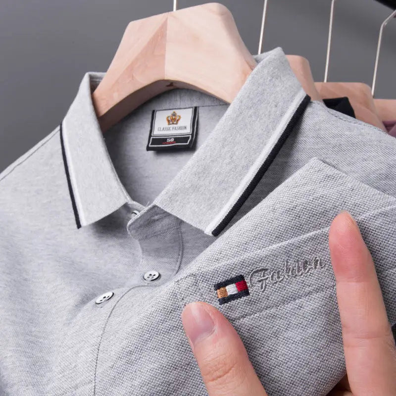 Top Grade Summer Short Sleeve Korean New Fashion Cotton Soft Pure Color Lapel Slim Fit Casual Tops Men's pocket Polo Shirts