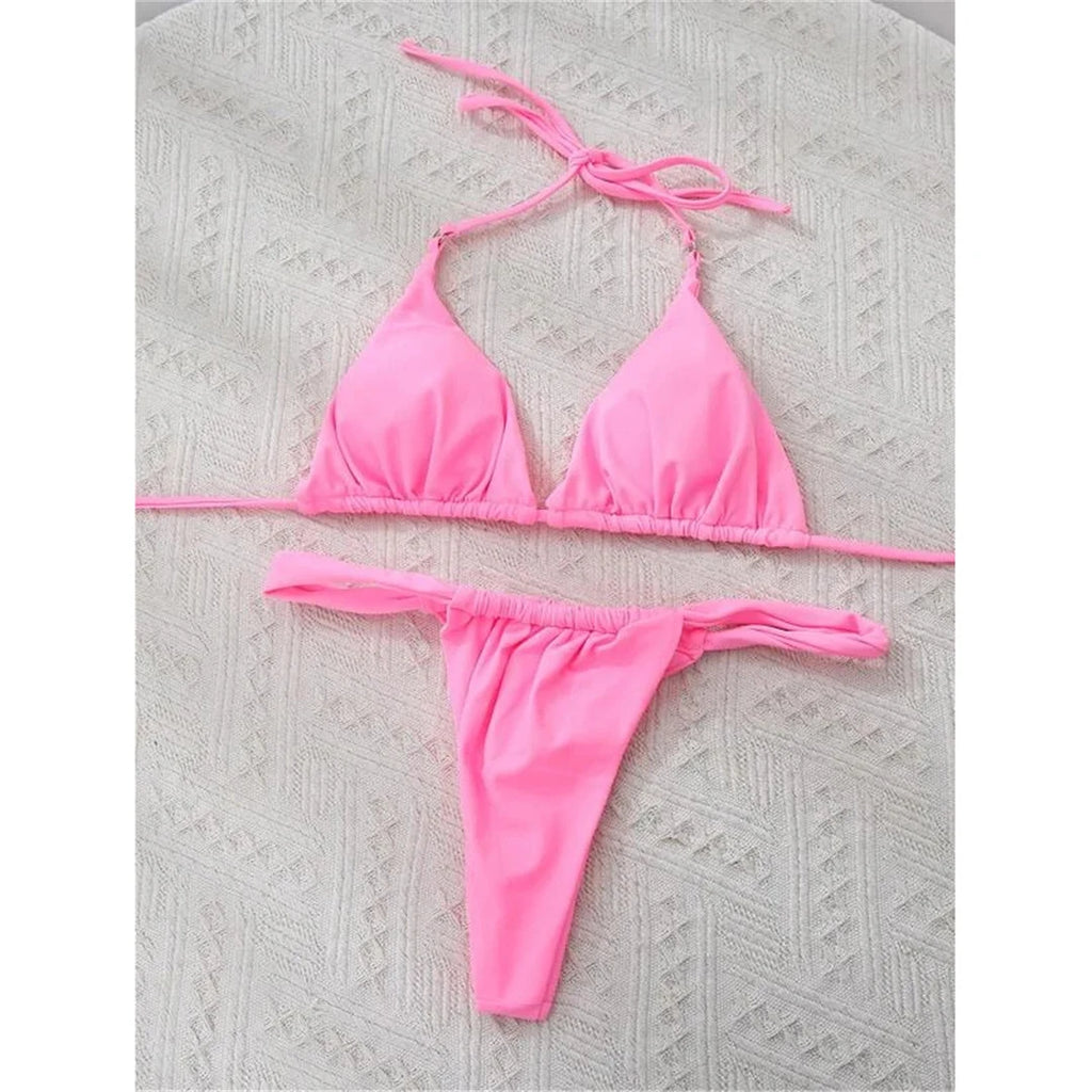 Women’s Halter High‑Leg Bikini Set – Sexy Two‑Piece Swimsuit in 14 Colors, V4010 Summer Beachwear