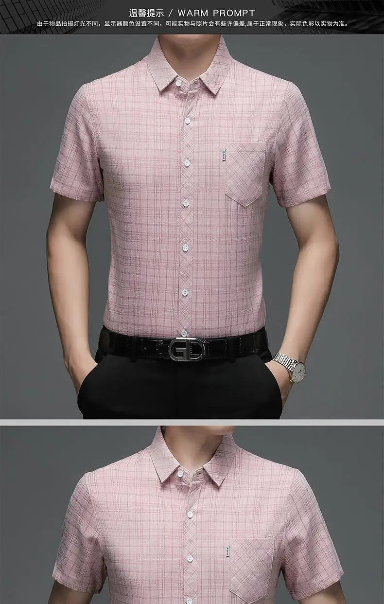 Grey Plaid Short‑Sleeve Button‑Down Shirt