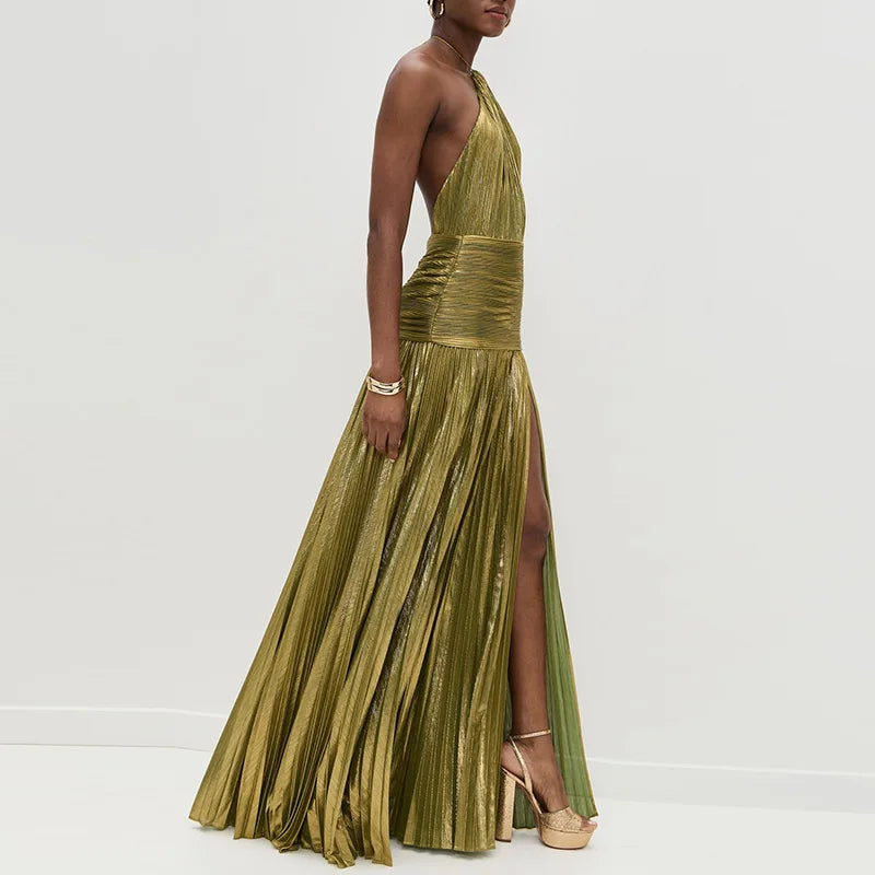 Gold Sexy Halter High Split Gowns Evening Dress Woman Chic Solid Hollow Pleated Long Dress Spring Summer Backless Zip Maxi Dress