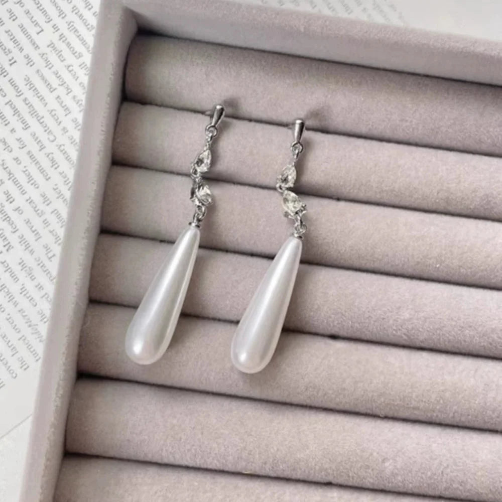 Geometric Zircon Simulated-pearl Water Drop Pendant Women's Earrings Classic Trendy Style Versatile Chinese Style Jewelry Gift