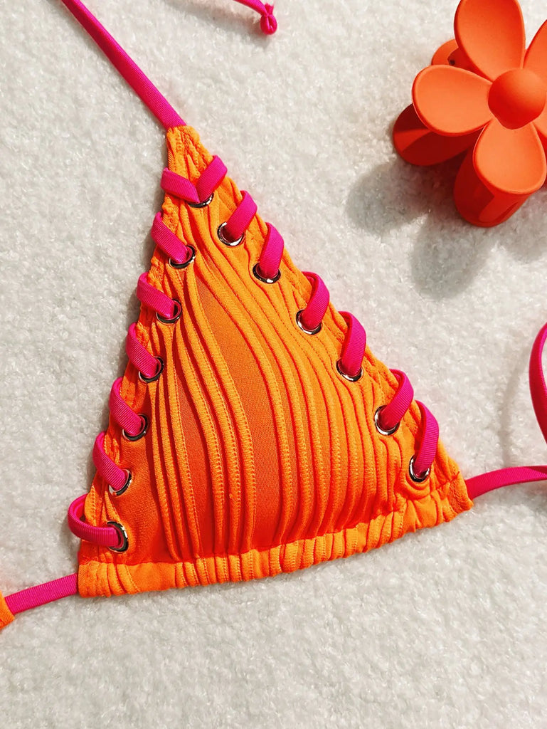 Halter Wrinkled Weave Bikini Set Women Swimwear Female Swimsuit Two Pieces Bikini Set Brazilian Bathing Suit Swim Beach Wear