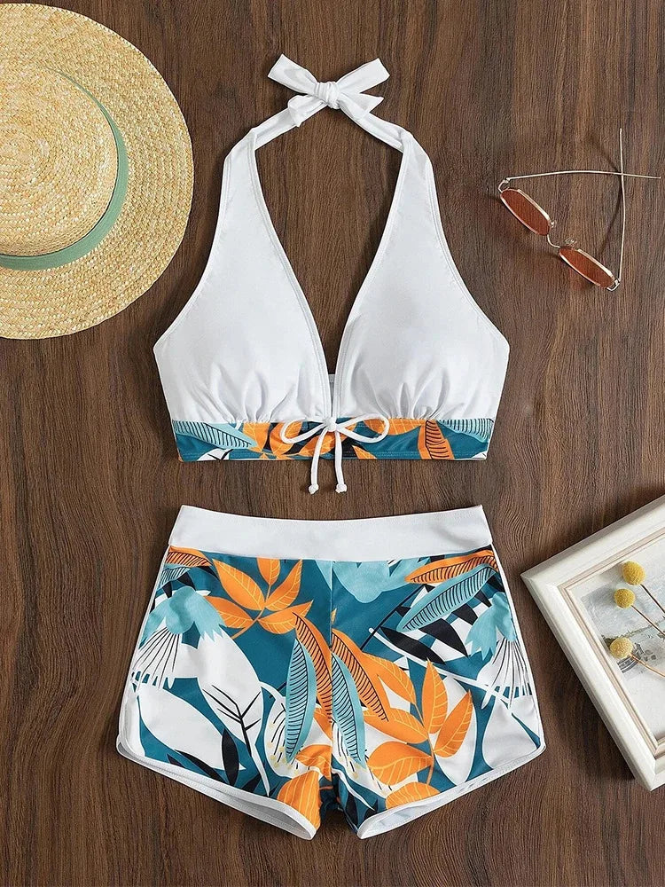 2023 Women’s Halter High‑Waist Bikini Set – Printed Short Swimsuit Two‑Piece Beachwear