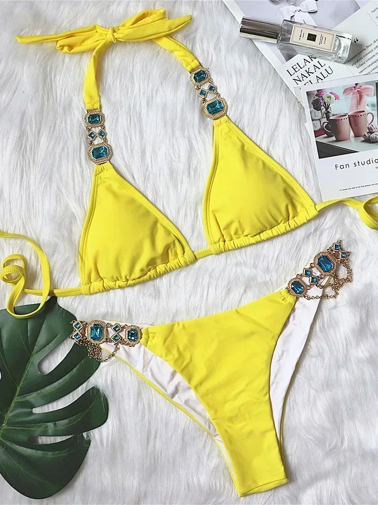 Women’s 2026 Rhinestone Diamond Bikini – Halter Chain Two‑Piece Swimsuit, Sexy Shiny Brazilian Swimwear