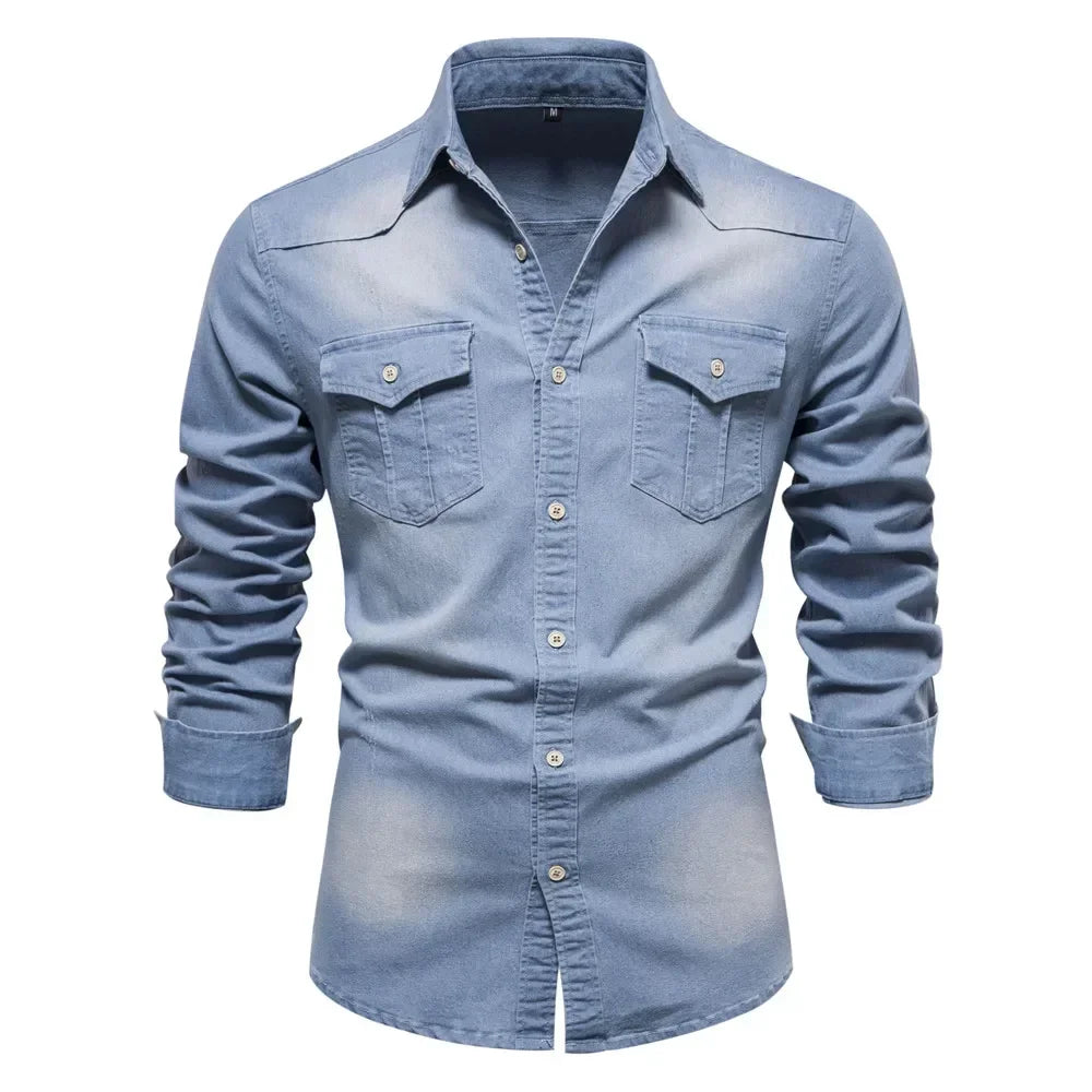 Men’s Elastic Cotton Denim Shirt – Slim‑Fit Long‑Sleeve Cowboy Western Casual Top | AIOPESON Designer Style