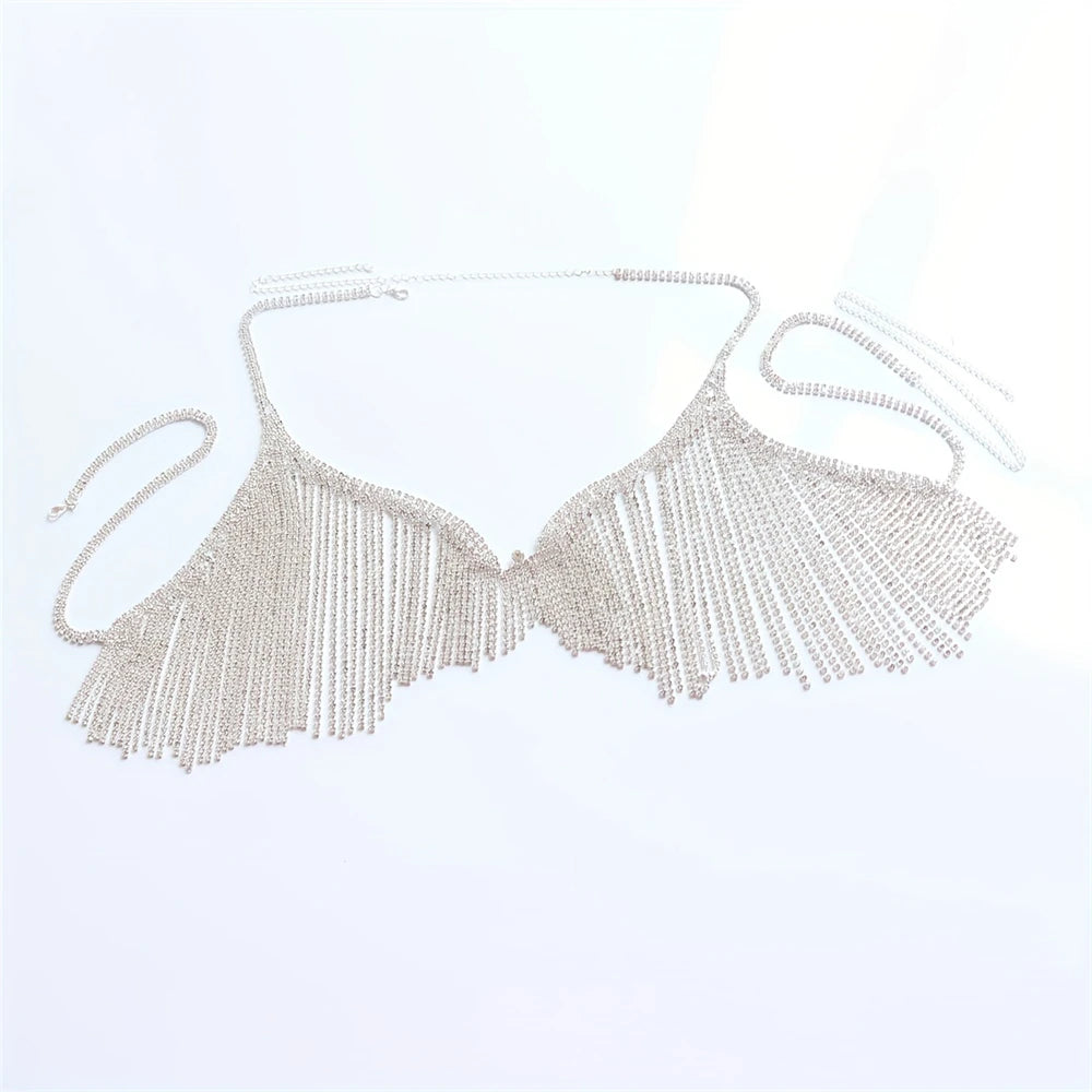 Sexy Bling Tassel Rhinestone Bra Body Chain Exaggerated Women's Crystal Bikini Fun Valentine's Day Gift
