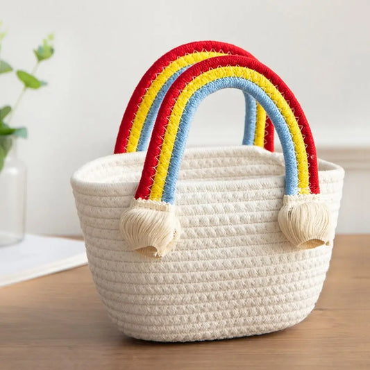 Rainbow Cotton Rope Woven Bag Handbag Girls Handmade Desktop Storage Basket Cosmetic Organizert Box Picnic Basket