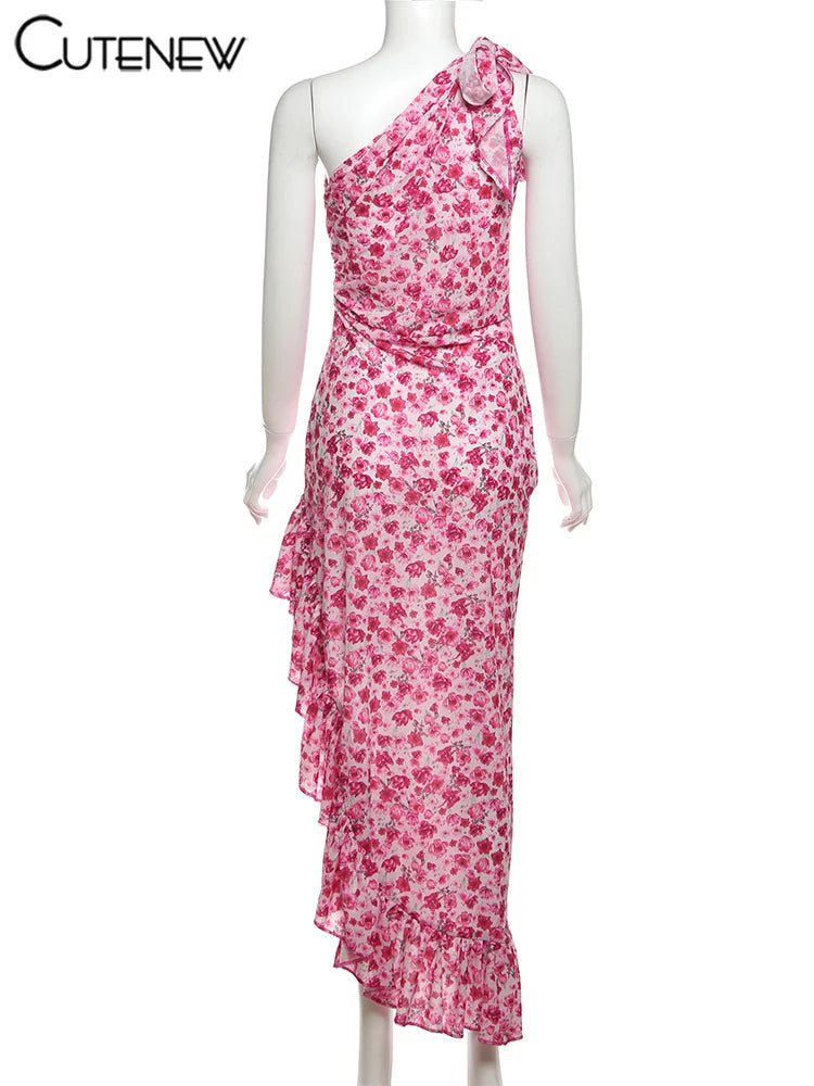Cutenew Floral Print Women Midi Dresses Fashion Incline Shoulder Bandage Ruffle Splited Vestidos Female Vacation Street Bodycon