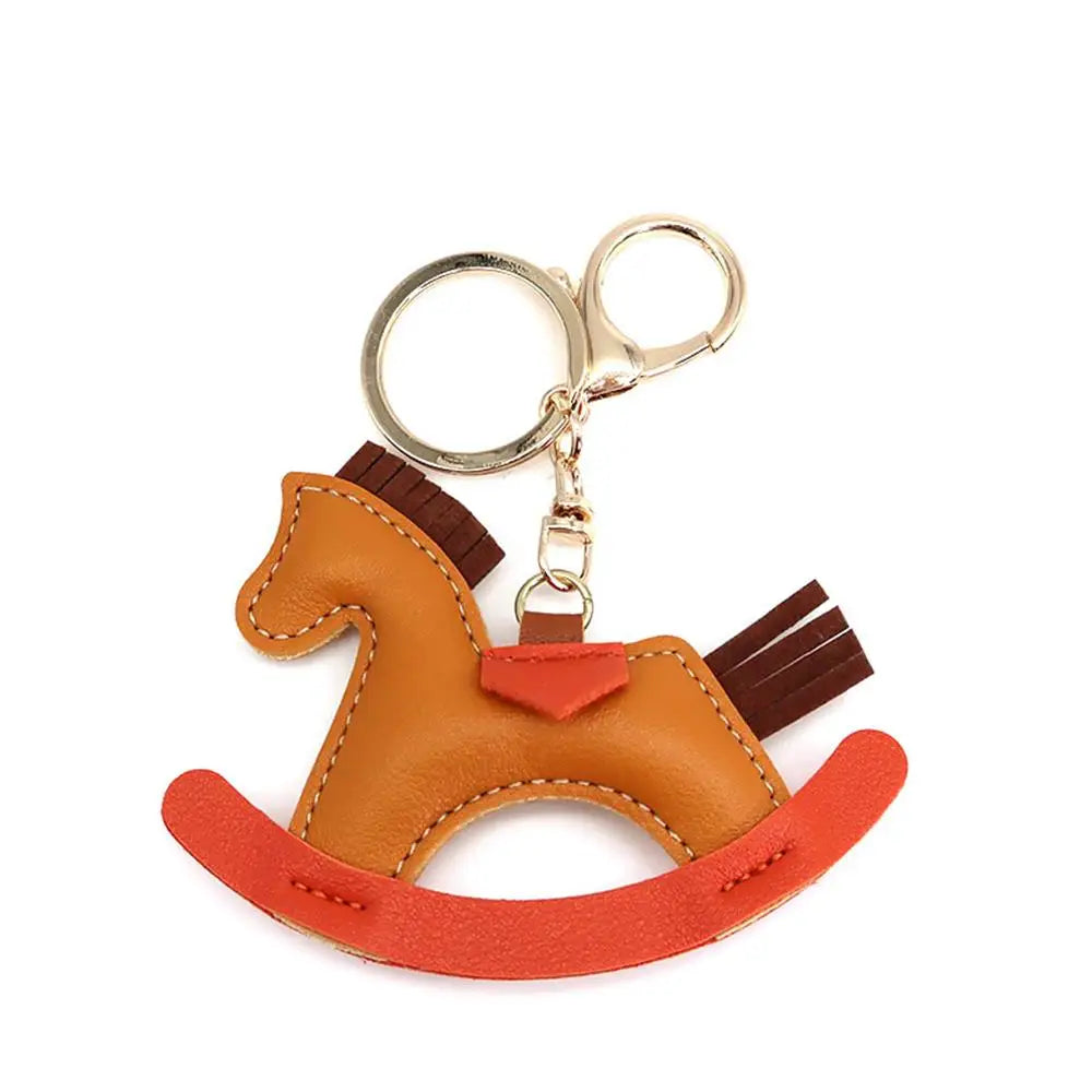 Cartoon Pony Rocking Horses Keyring Women Leather Charms Bag Pendant KeyChain Cute Animal Ornament Accessories Decoration Gift