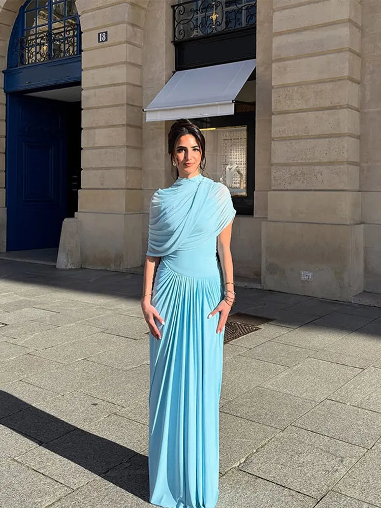 Irregular Shawl Blue Maxi Dress – Women’s 2025 Slim‑Fit Turtleneck Pleated Evening Party Dress