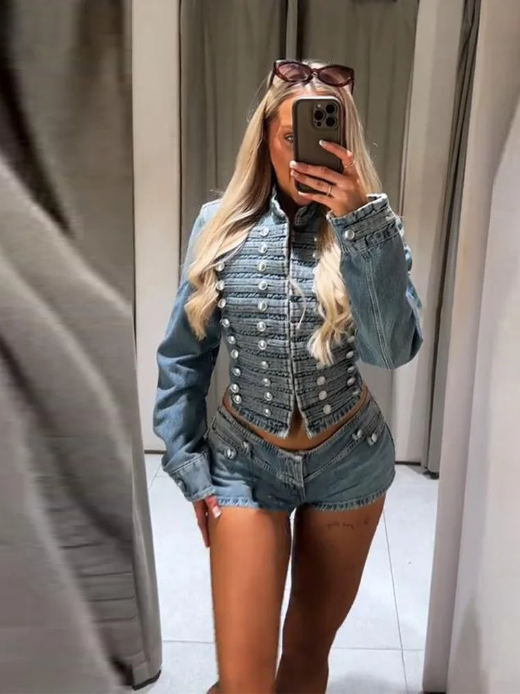 Chic Stand‑Collar Denim Coat & Shorts Suit