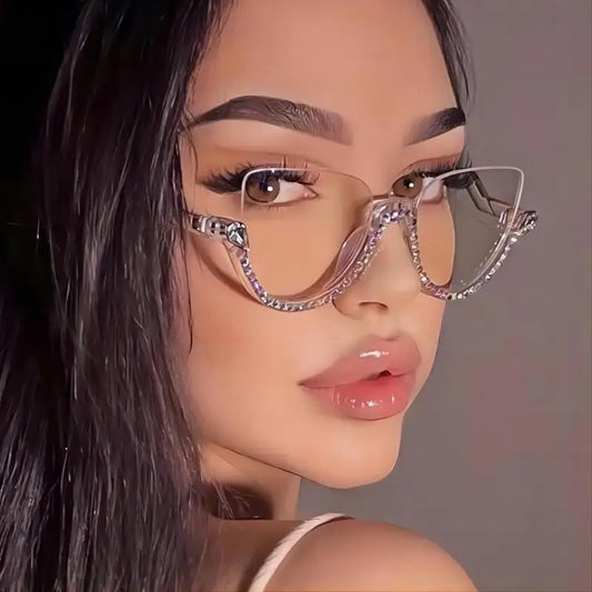 :Diamond Cat Eye Sunglasses for Women, Semi-Rimless Sun Glasses, Crystal Frame, Rhinestone Eyewear,Luxury Brand Designer,2023