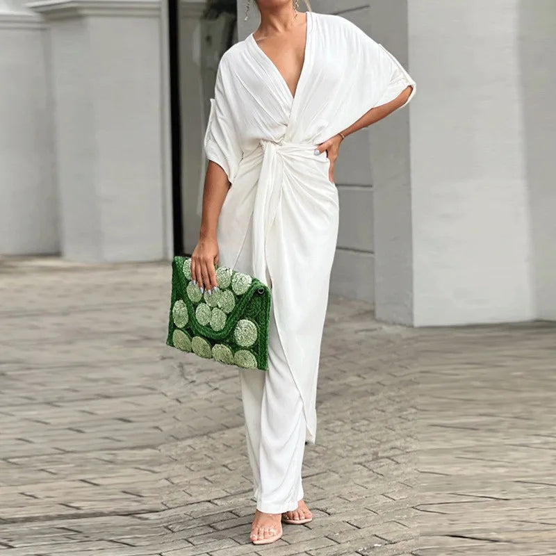 Fashion Solid Color Pant Sets Two Piece Set Women V-Neck Lace Up Short Sleeve Irregular Long T Shirt Trousers Two Piece Set 2024