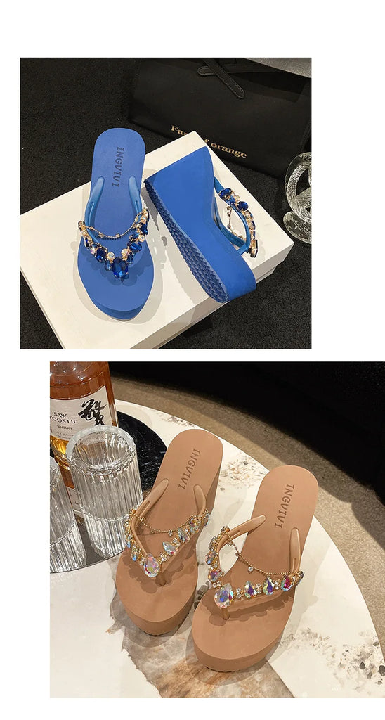 Women’s High Heeled Flip Flops — Diamond Slope Heel Slippers Elegant Beach Sandals