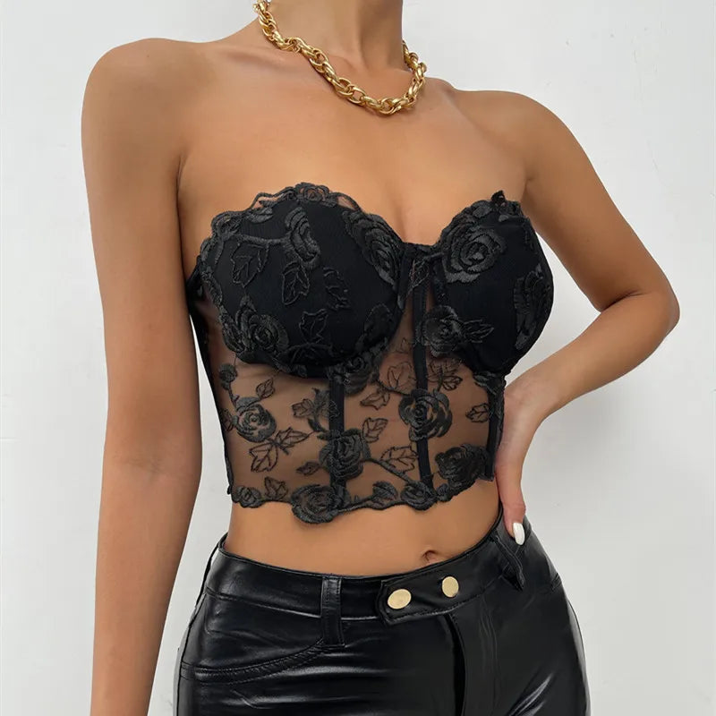 Yimunancy Strapless Crop Top Women Summer Floral Backless Top Ladies Black Sexy Top Clubtwear