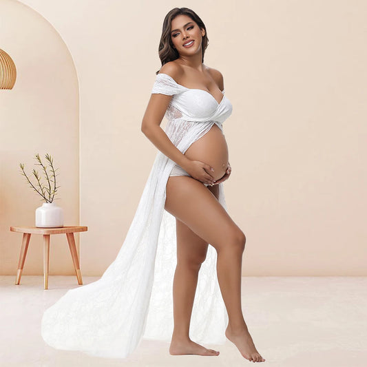 Maternity Summer Lace Sexy Long Dress Off-Shoulder High Waist Slit For PhotoShoot Baby Shower Pregnancy Women Bohemian Gown
