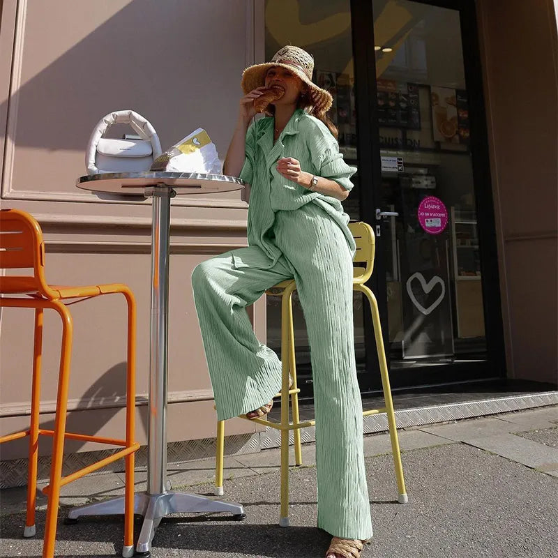 CM.YAYA Street Women's Set Long Sleeve Shirt Tops and Wide Leg Pants Elegant Tracksuit Two Piece Set Sweatsuit Fitness Outfits