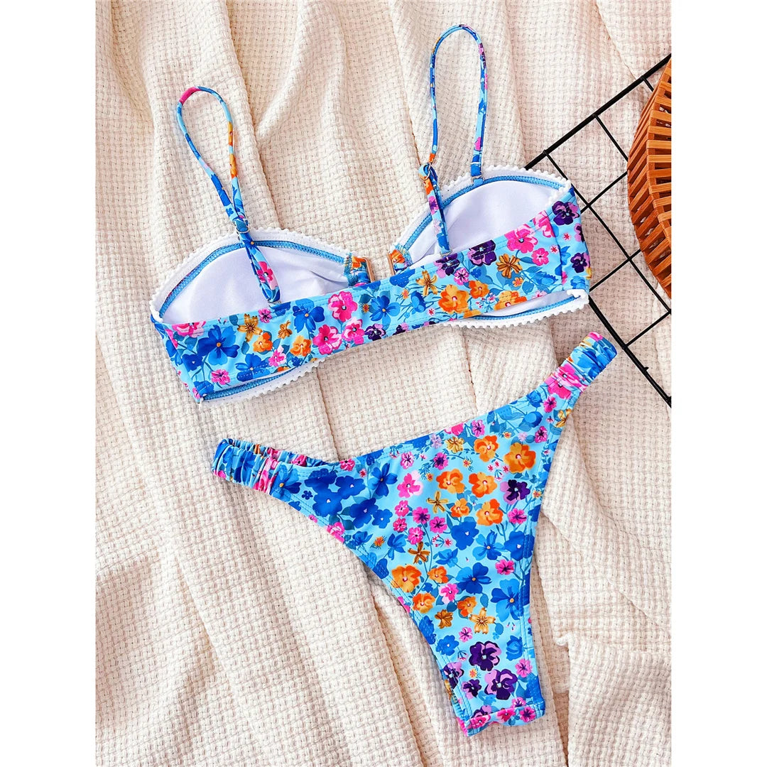 U‑Neck Floral Wrinkled Bikini