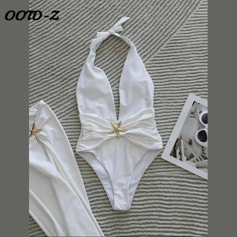Women’s 2025 Halter Starfish Bikini Set – Deep V‑Neck Swimsuit with Side‑Split Skirt Beachwear