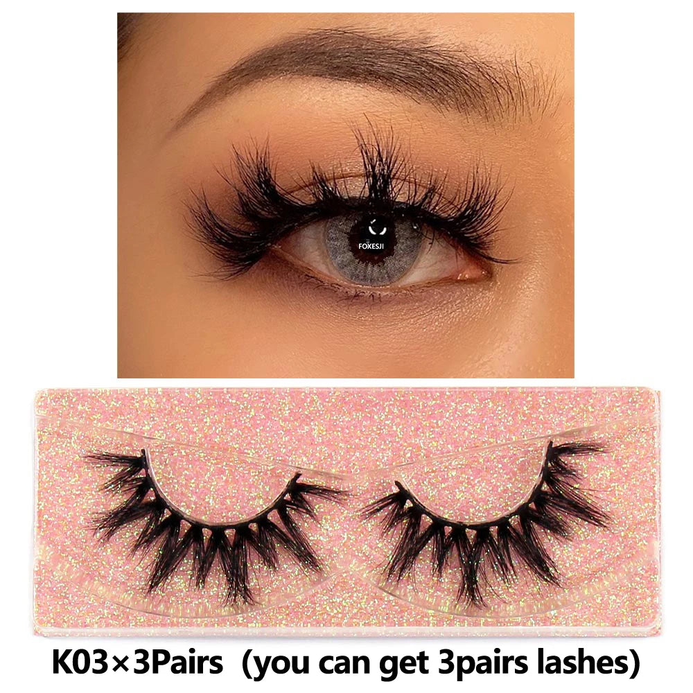 FOXESJI 3Pairs 3D Mink Lashes Fluffy Wispy Soft Corss Mink Fake Eyelashes Reusable Lash Extension Thick False Eyelashes Makeup