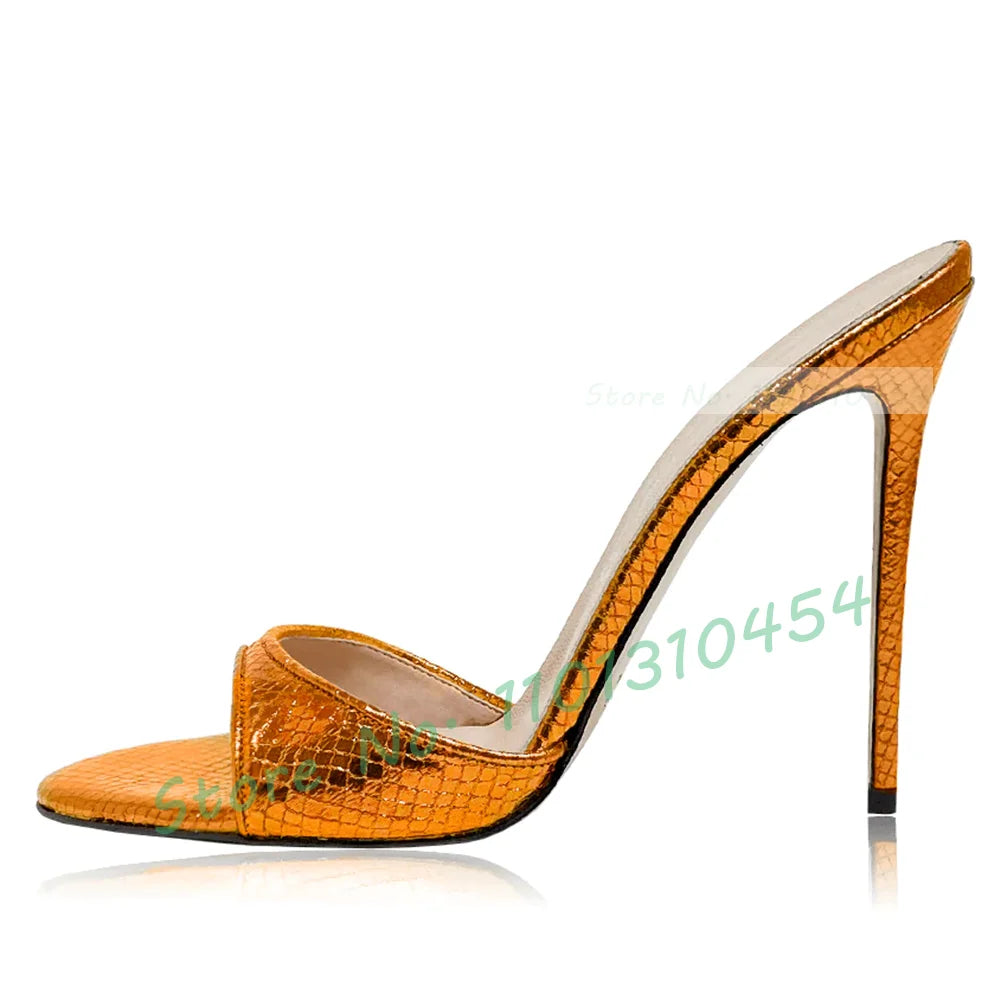 Snake‑Print Open‑Toe Stiletto Slides