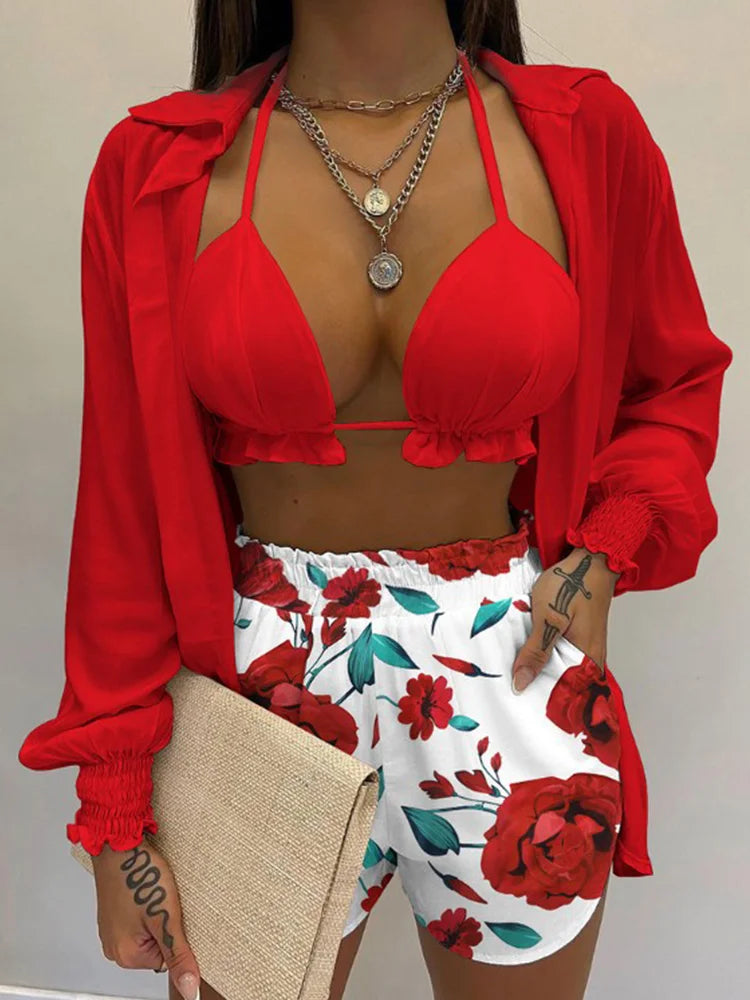 Women’s 2024 High‑Waist 3‑Piece Bikini Set – Printed Swimsuit with Shorts Cover‑Up Summer Beachwear