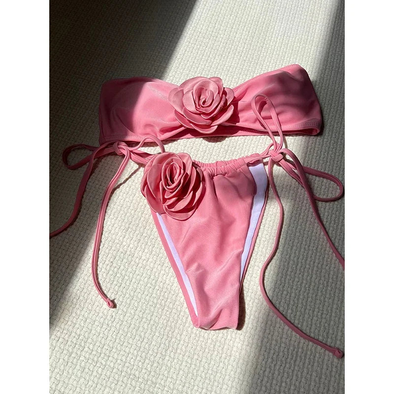 OIINAA Swimsuit Women Sexy Soild Color Bikini Set 3D Floral Swimwear Split Strapless Two-Piece Biquini Lace Up Bathing Suit 2024