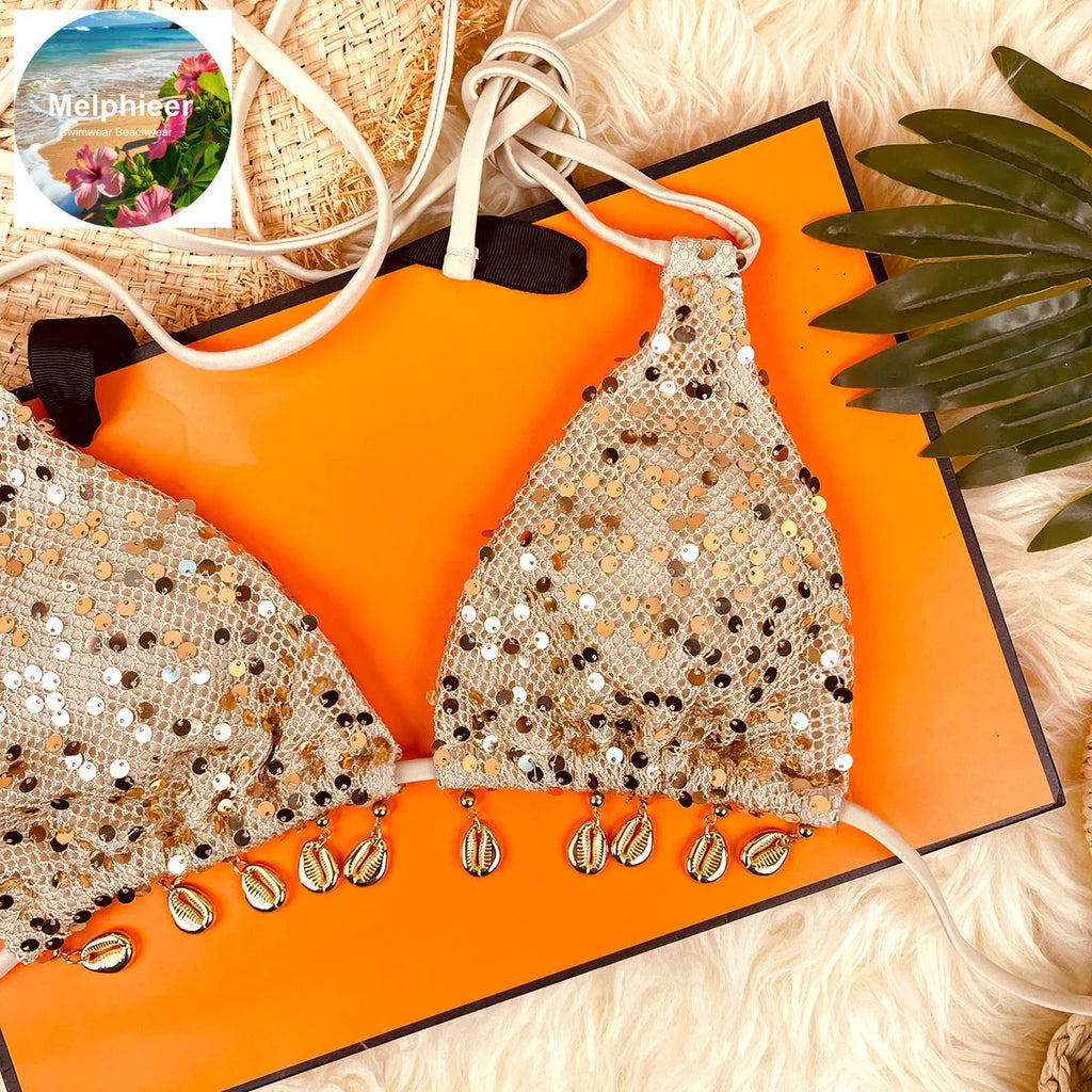 Melphieer 2026 Sparkle Shell Bikini – Designer‑Inspired Tie Bikini Set for Women’s Summer Beach Holidays