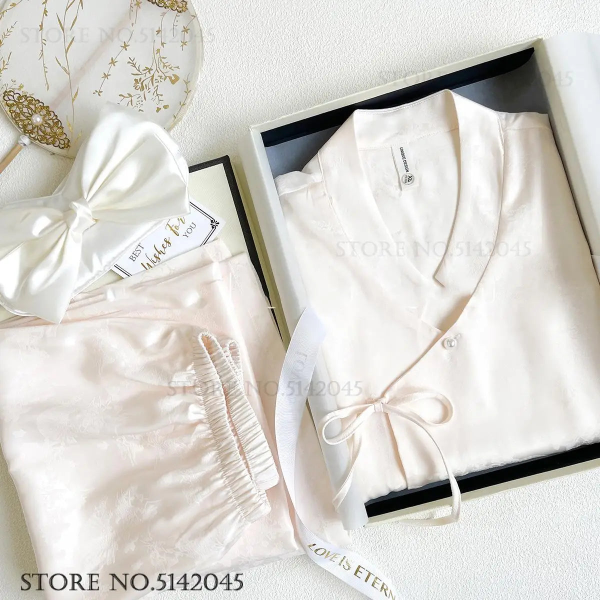 New Chinese Style Pajamas Women Jacquard Flower Sleepwear Short Sleeve Trouser Suits Spring Summer Silk Satin Nightwear Homewear