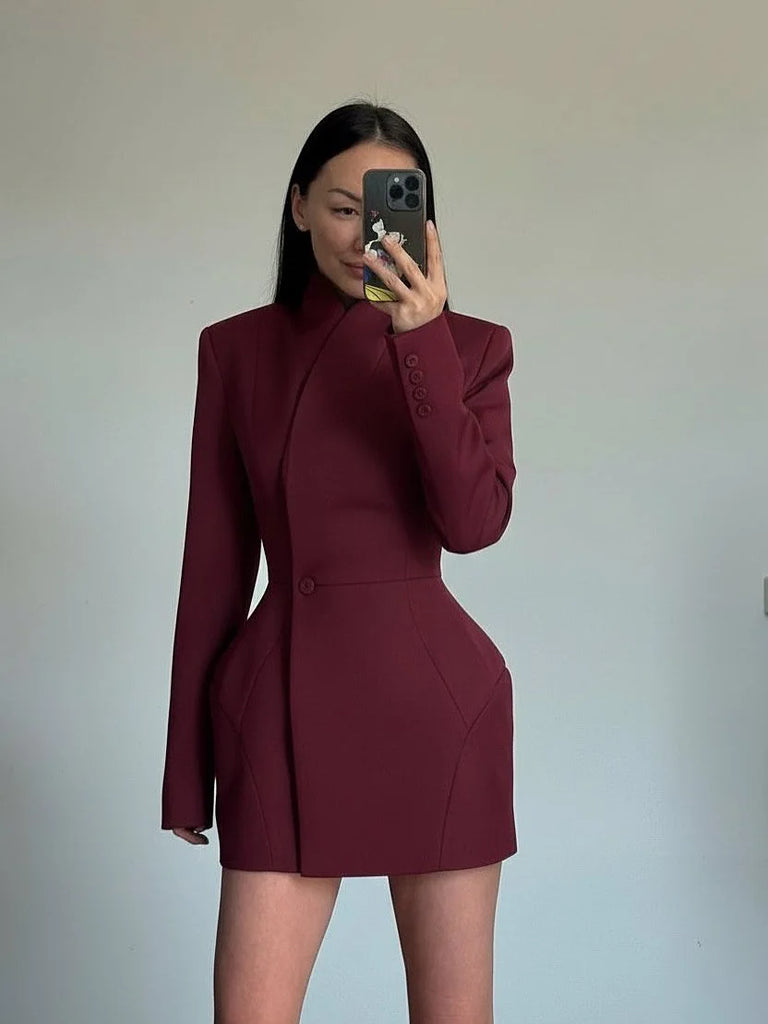 Women Waist Cinching Suit Jacket Elegant V-neck Full Sleeve Single Button Shoulder Pad Slim Coat Fashion Lady Commute Outerwear