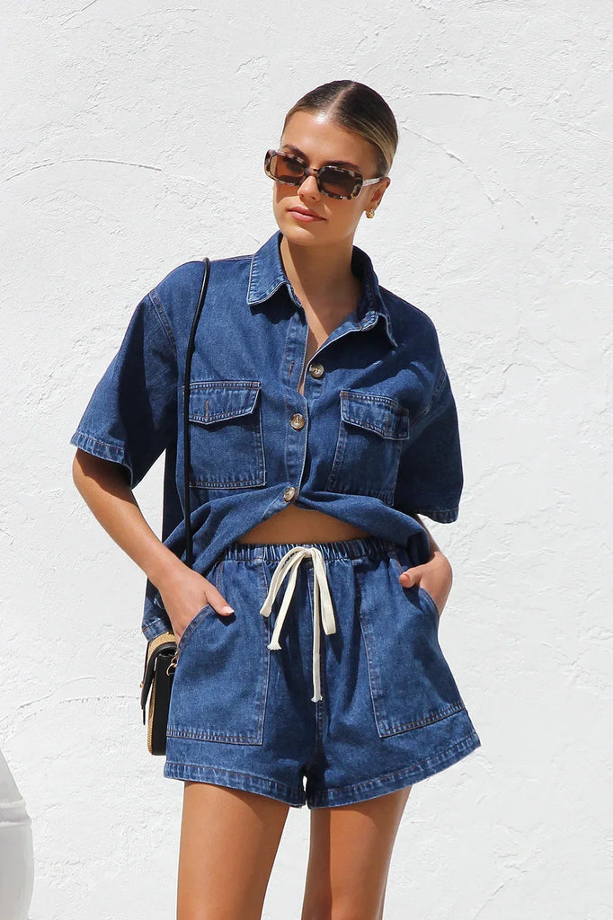 Women 2pcs Clothes Set Denim Short Sleeve Jacket Coat Shirt & High Waist Shorts Pants Jeans Sexy