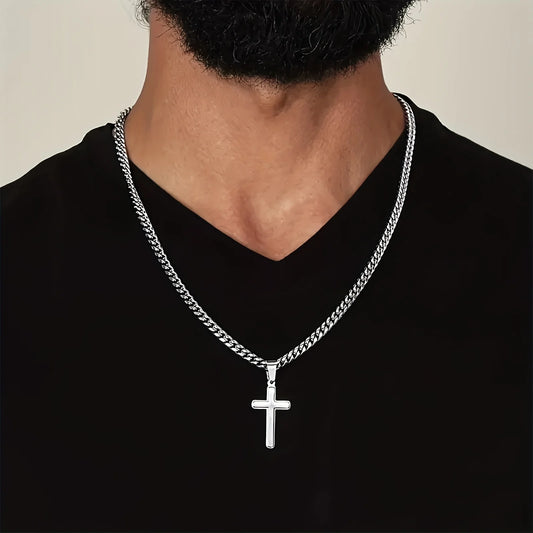 “To My Dad” Cross Necklace – Stainless Steel Cuban Chain with Gift Card & Box
