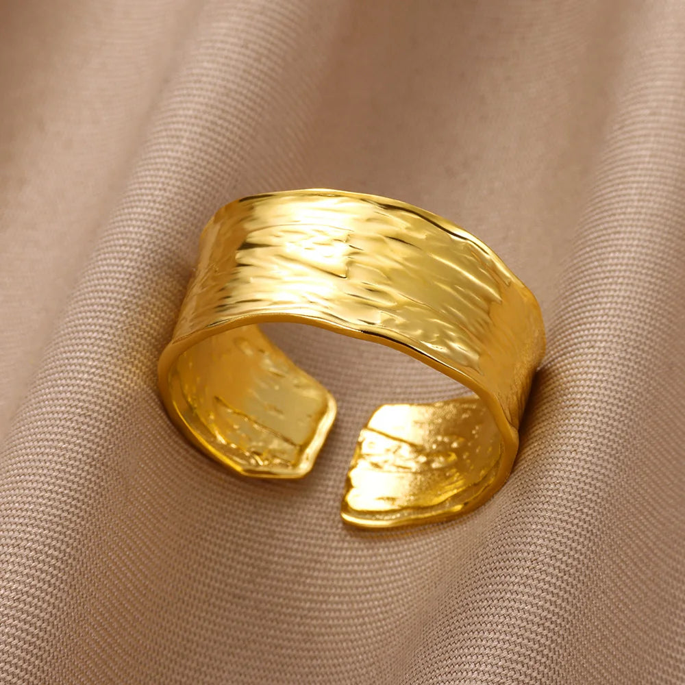 Minimalist Textured Stainless Steel Geometric Rings – Gold Open Adjustable Couple Ring for Women & Men