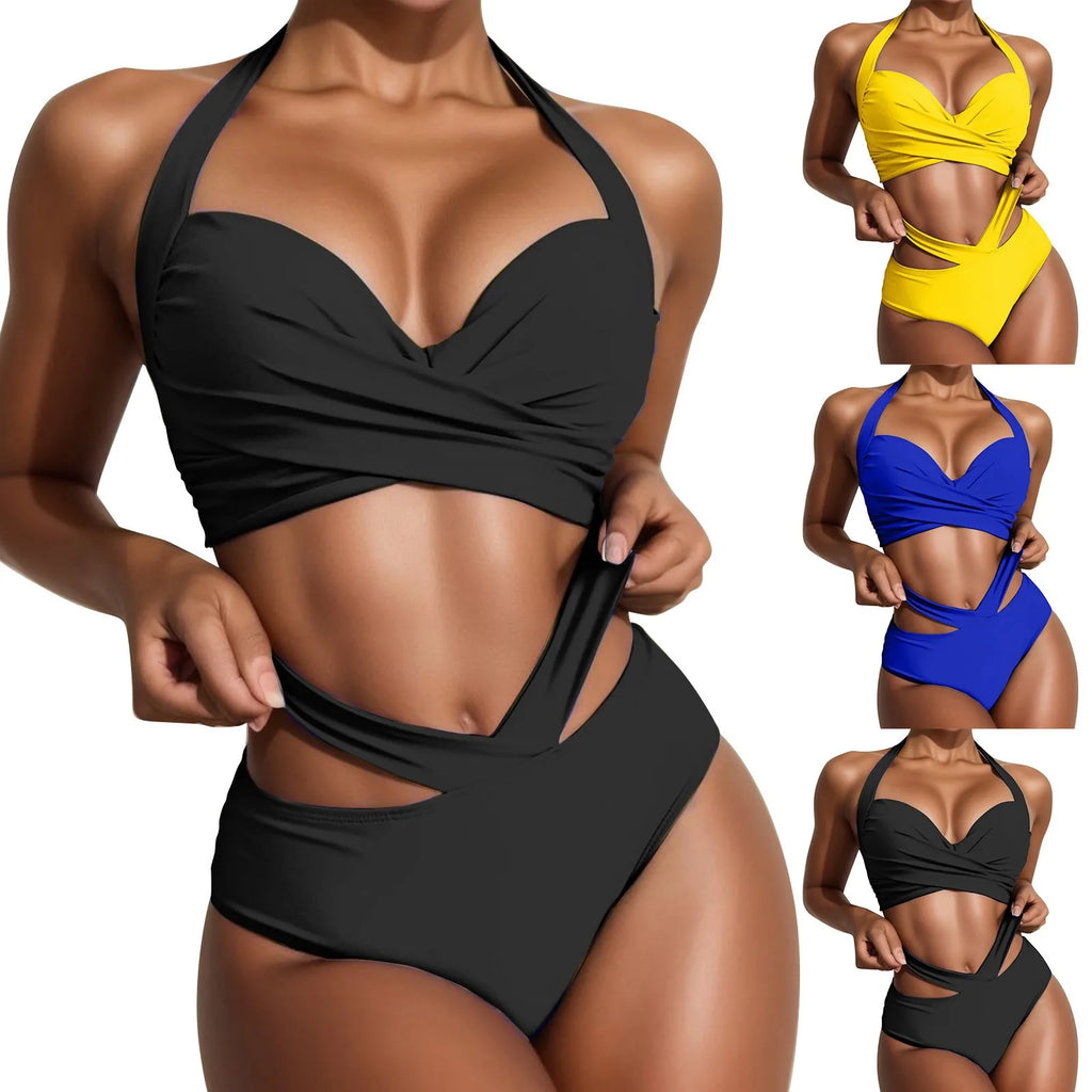 Women’s Halter Tube‑Top Cross‑Ruched Bikini Set