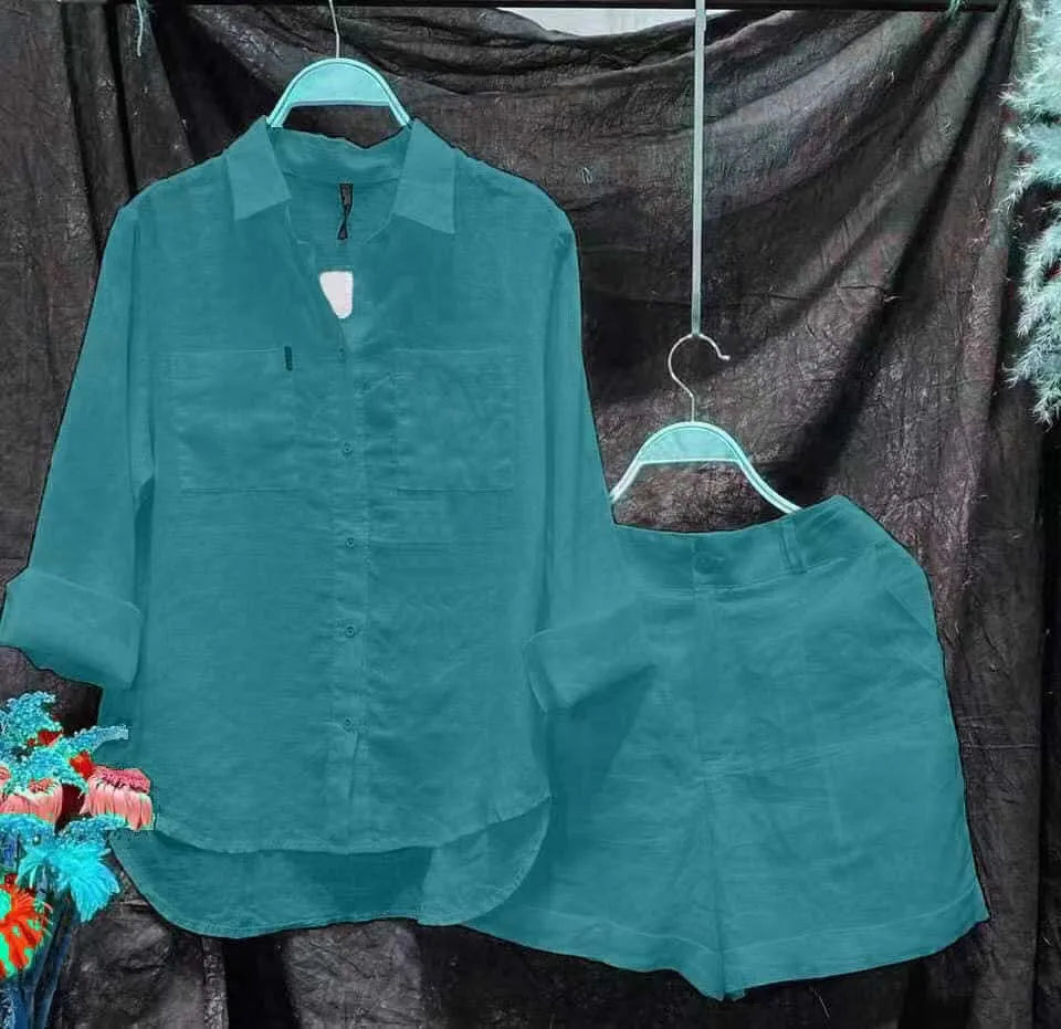 Spring Summer Short Set Women Fashion Green Casual Long Sleeve Shirt Top 2 Piece Set Female Holiday Solid New Suit Lady Clothing