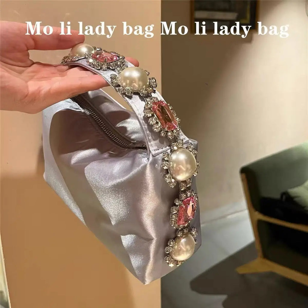 Luxury Designer Pearl Beaded Satin Hobo Bag Women Handbag Rhinestone Diamond Evening Bag Wedding Party Clutch Purse Shoulder Bag