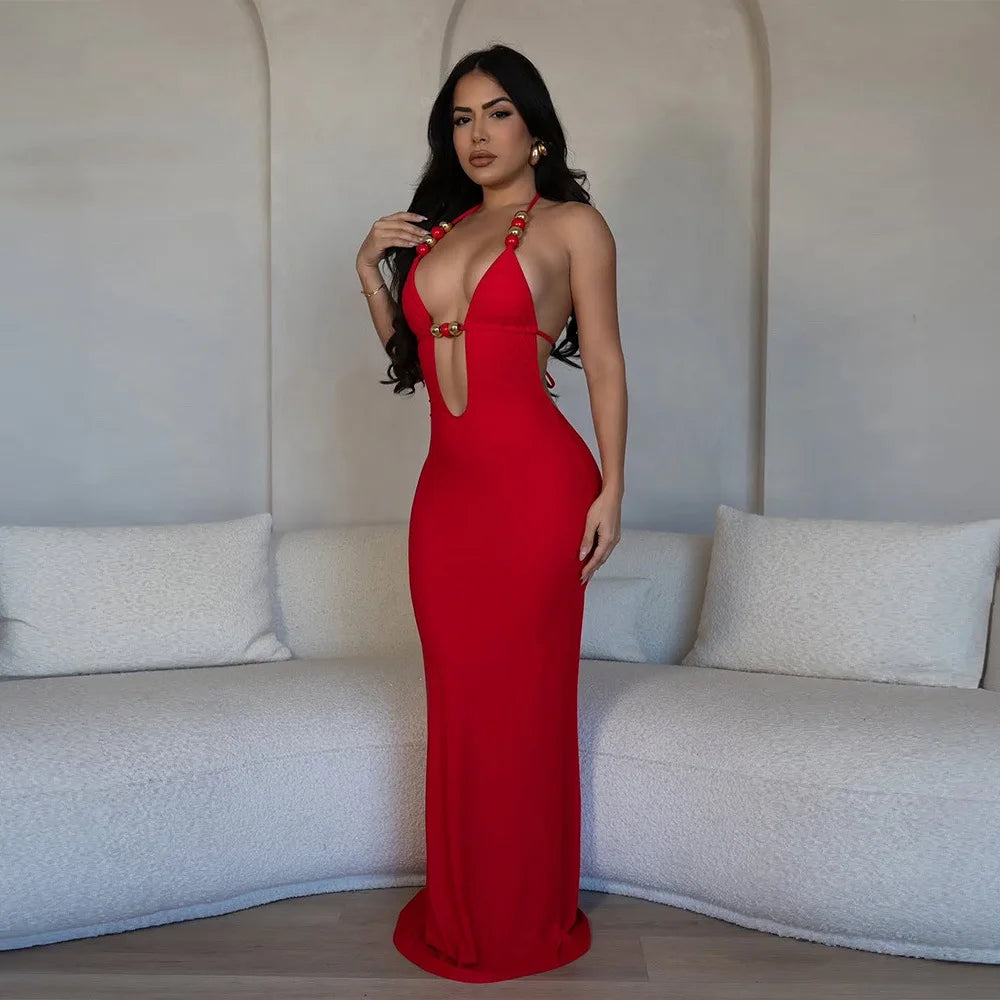 CM.YAYA Women Sleeveless Deep V-neck Halter Long Maxi Dress Summer Backless Beach Sexy Street Evening Night Club Party Dresses