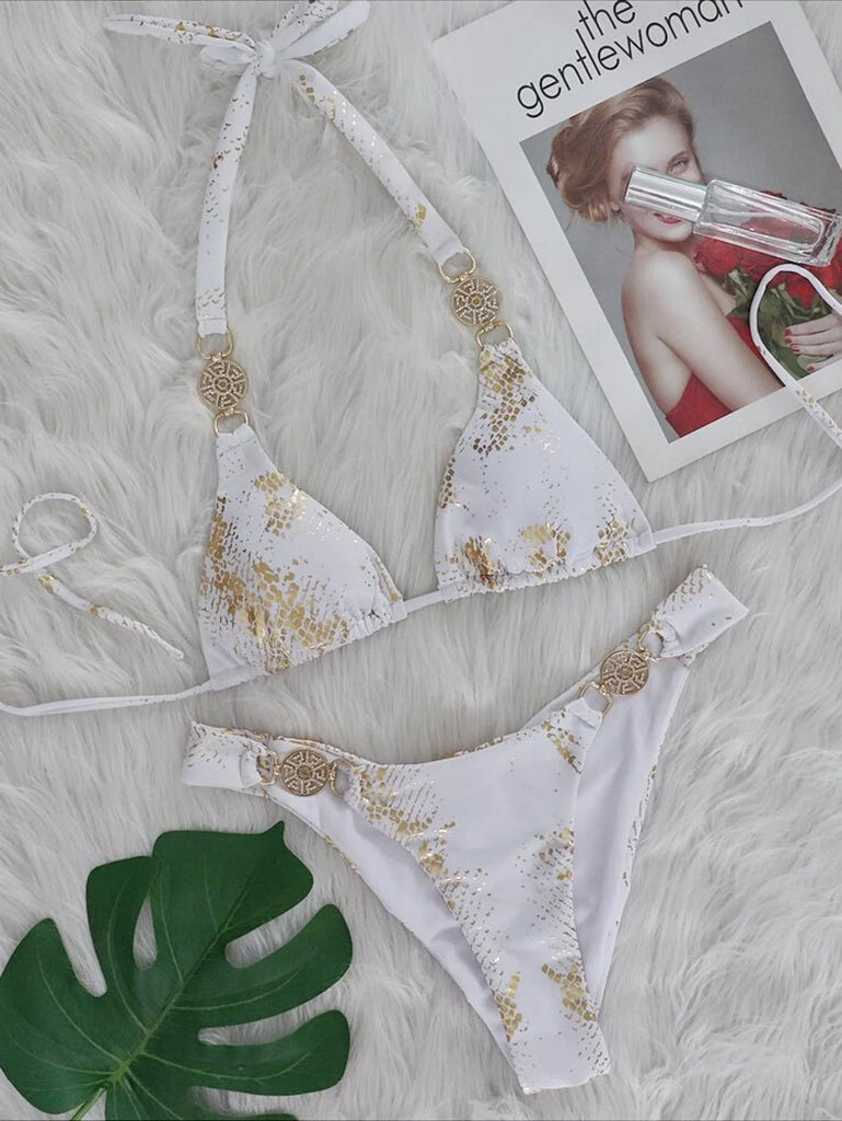 Women’s 2026 White Snake‑Skin Rhinestone Micro Bikini – Luxury Brazilian Push‑Up Thong Swimsuit